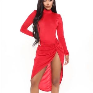 Red two piece dress Long sleeve jumpsuit with skirt